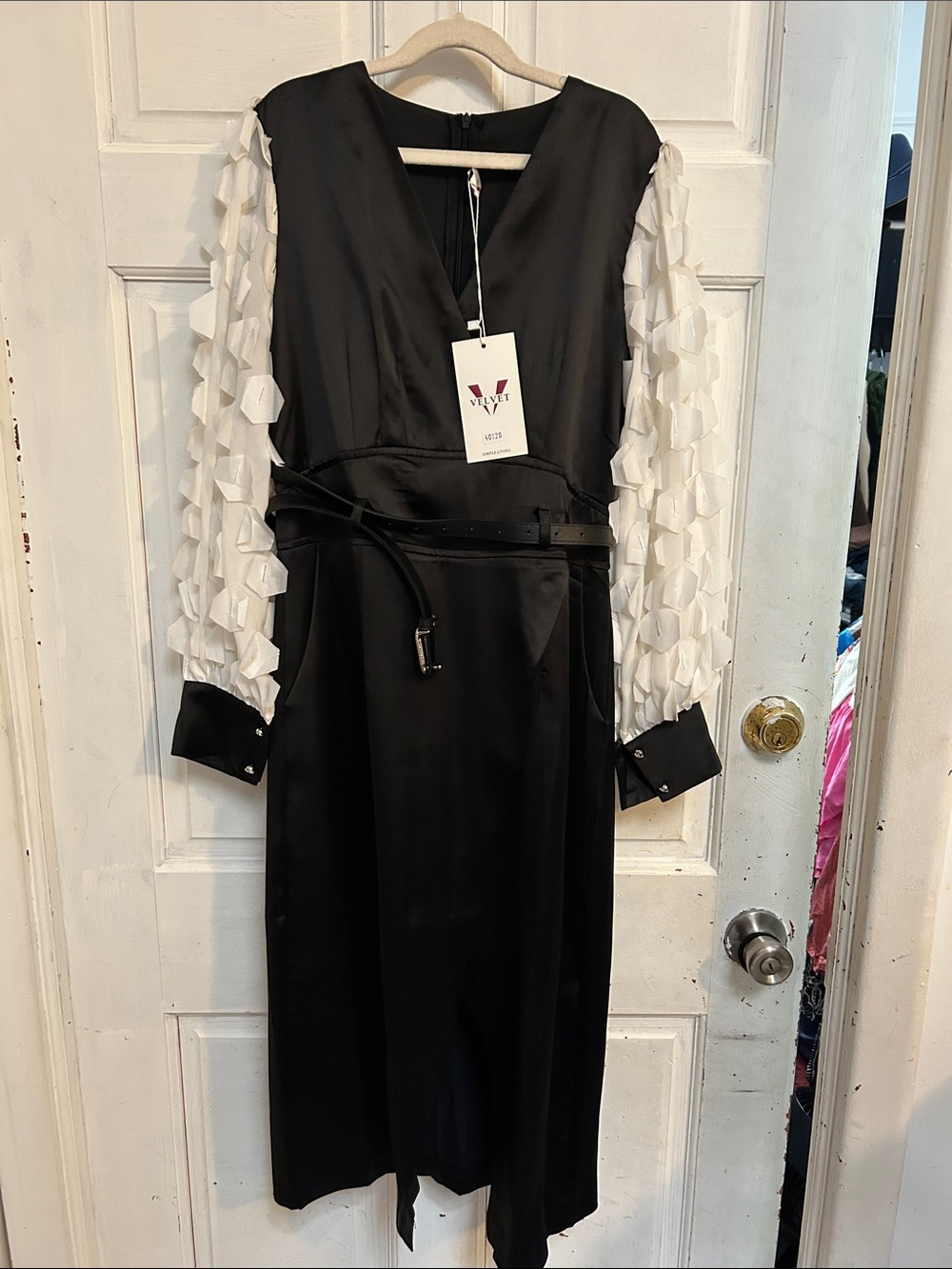 NWT Velvet Black Satin Dress with Textured White Sleeves, Button Cuffs , Size S